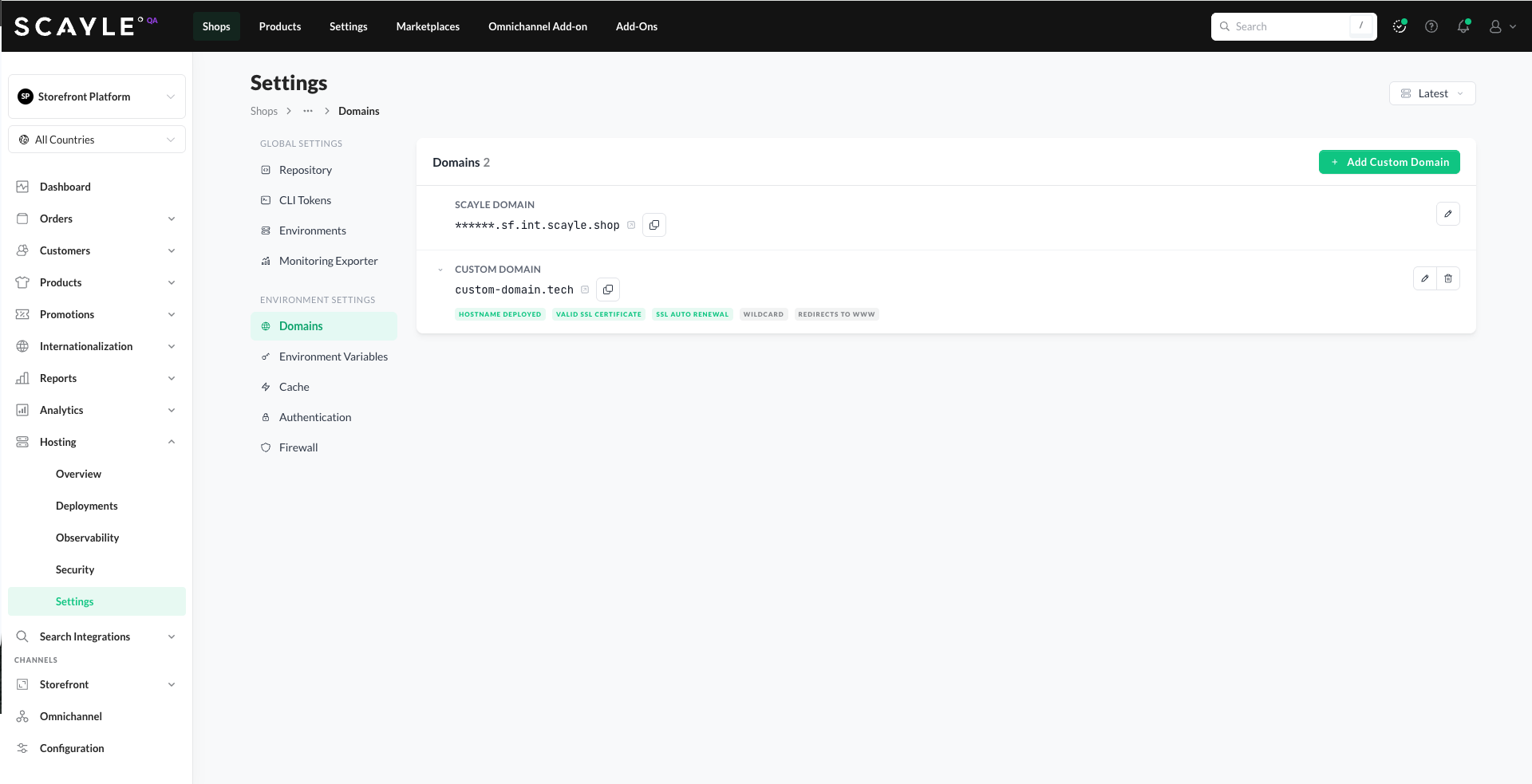Domains list in Storefront Hosting Settings showing one custom domain and the SCAYLE Domain, with the Add Custom Domain button in the top right.